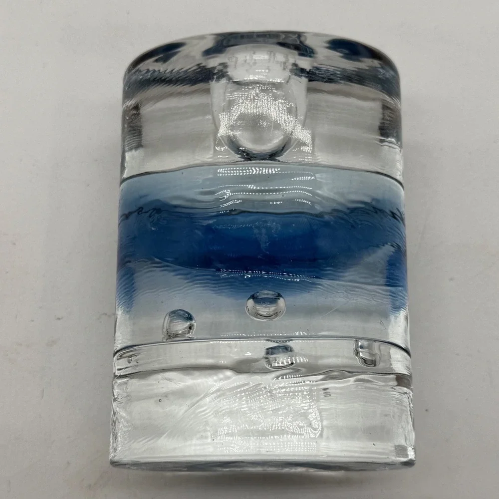 Art Glass Blue Swirl Controlled Bubble Candle Holder Paperweight Modernist Decor
